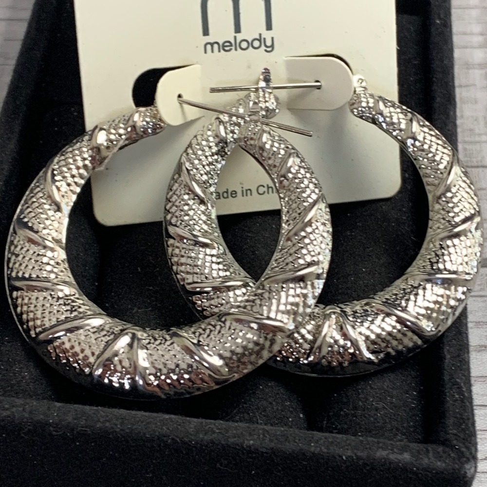 Melody Silver Tone Textured Diamond Cut Twisted Large Hoop Earrings 2 Inch